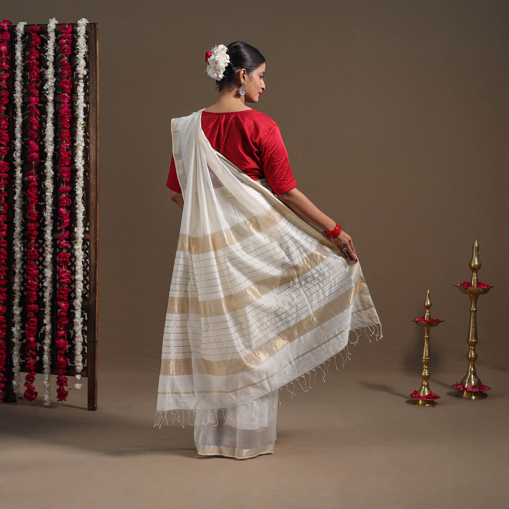 White - Durga Pooja Special - Traditional Handloom Maheshwari Silk Saree 02