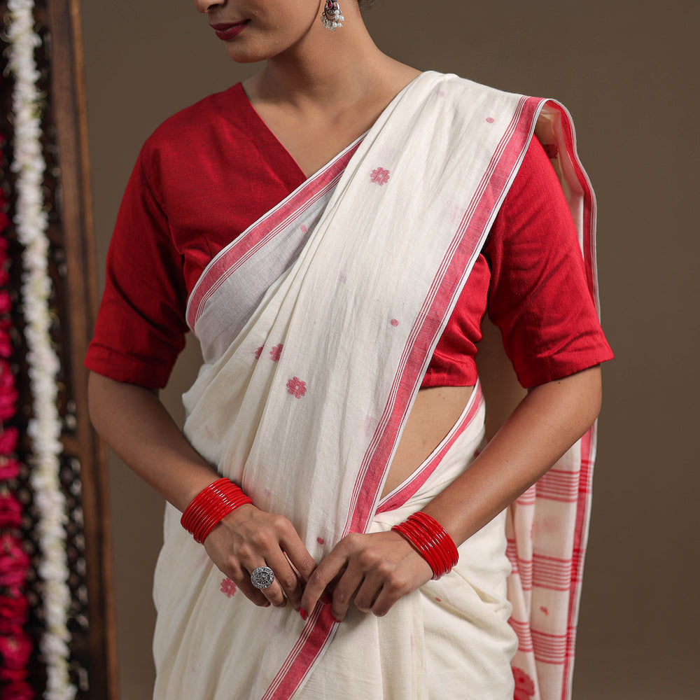 White - Durga Pooja Special - Handloom Cotton Burdwan Jamdani Saree 01