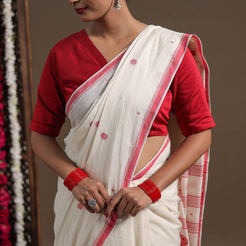 White - Durga Pooja Special - Handloom Cotton Burdwan Jamdani Saree 01