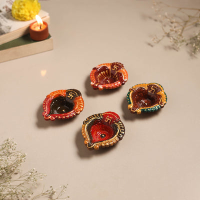 Festive handpainted clay diya (set of 4) 15 - handcrafted