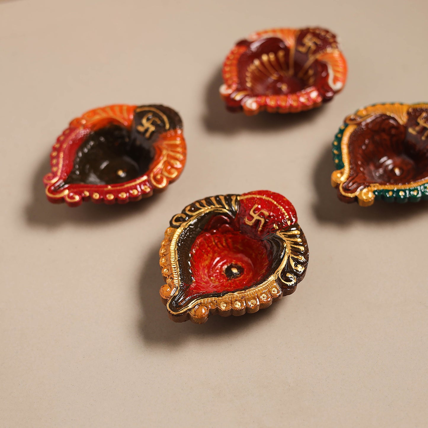 Festive handpainted clay diya (set of 4) 15 - handcrafted