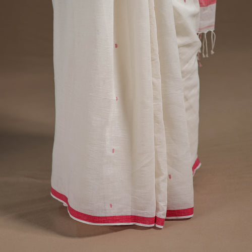 White - Durga Pooja Special - Handloom Cotton Phulia Jamdani Saree 12