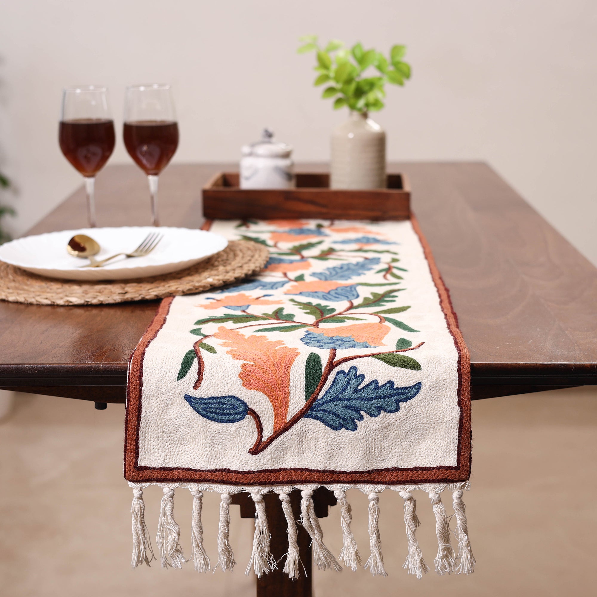 White Original Crewel Wool Hand Embroidery Table Runner