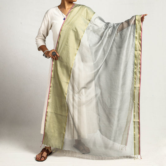 Grey - Traditional Maheshwari Silk Cotton Handloom Zari Work Dupatta