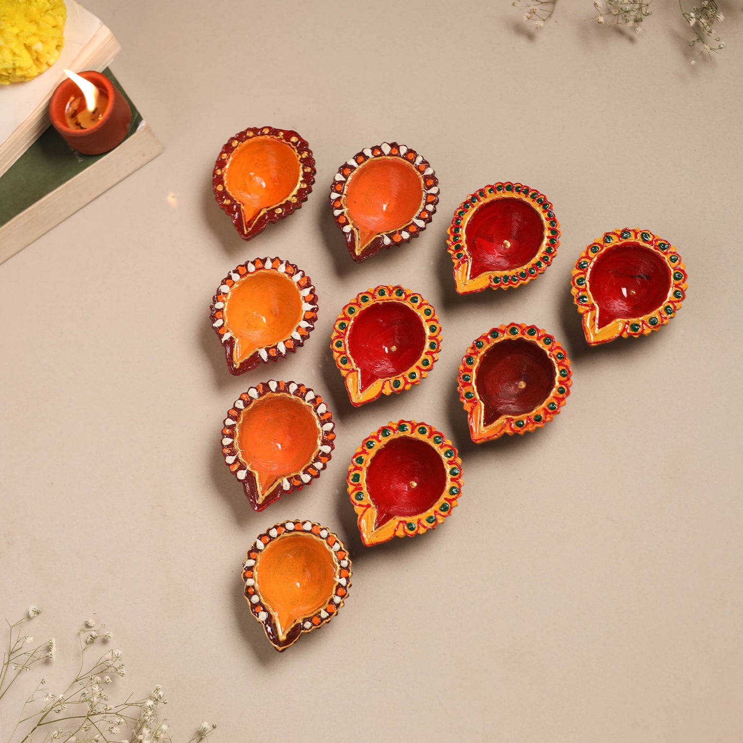 Festive handpainted clay diya (set of 10) 24 - handcrafted