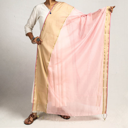 Pink - Traditional Maheshwari Silk Cotton Handloom Zari Work Dupatta