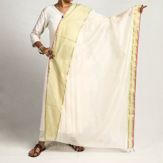 White - Traditional Maheshwari Silk Cotton Handloom Zari Work Dupatta