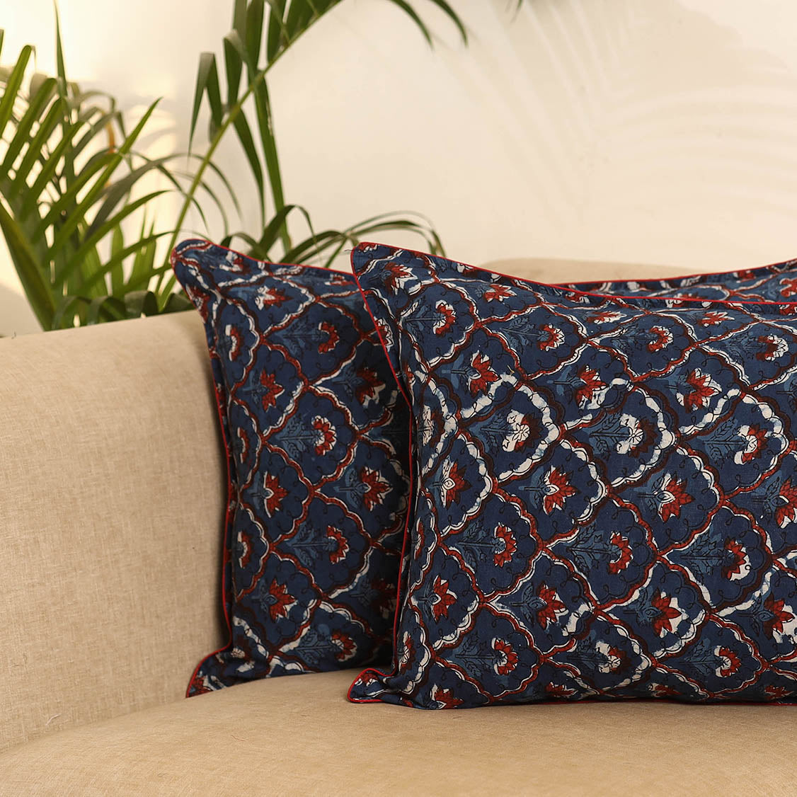 Peach - Set of 2 Bagru Hand Block Print Pillow Covers 09