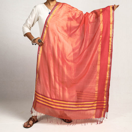 Pink - Traditional Maheshwari Silk Cotton Handloom Zari Work Dupatta