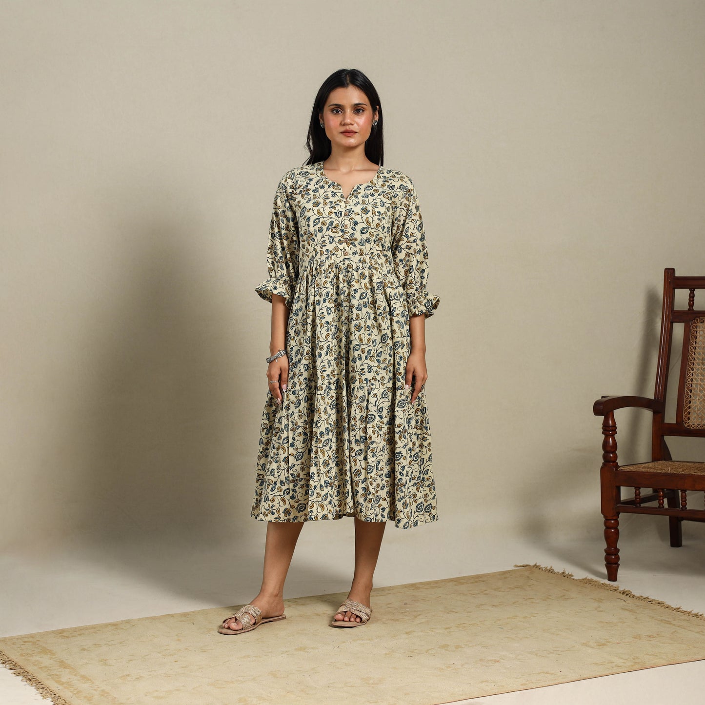 Beige - natural dyed cotton tiered dress 10 - handcrafted