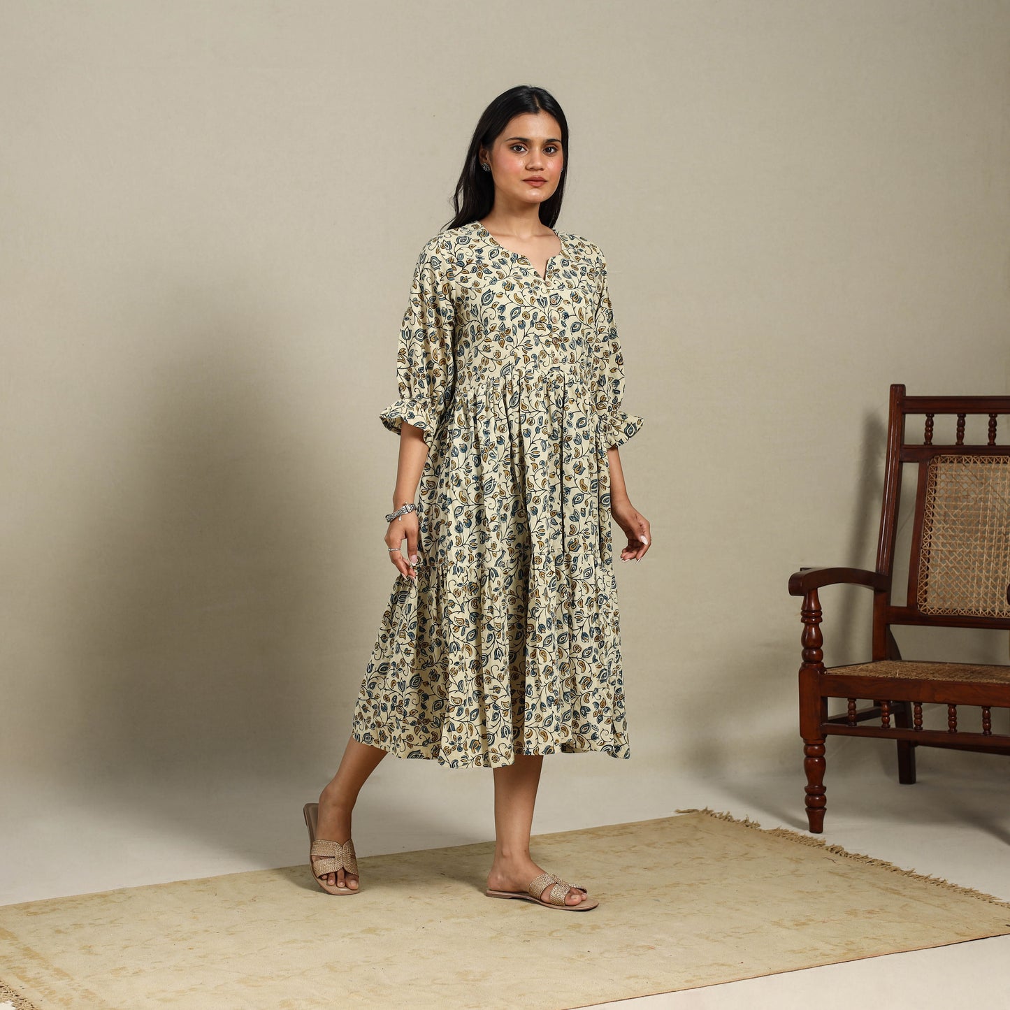 Beige - natural dyed cotton tiered dress 10 - handcrafted