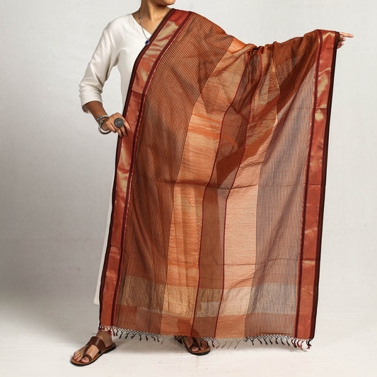 Brown - Traditional Maheshwari Silk Cotton Handloom Zari Work Dupatta
