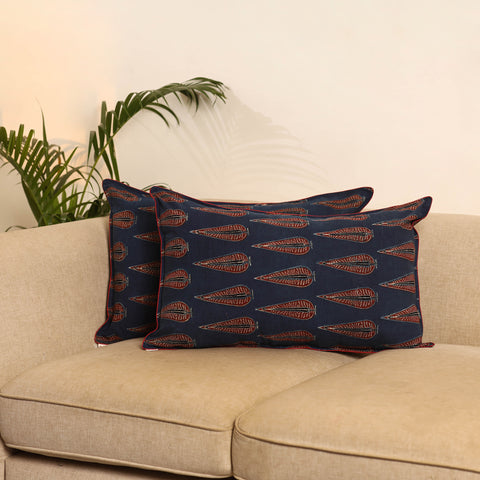 Blue - Set of 2 Ajrakh Hand Block Print Pillow Covers 24