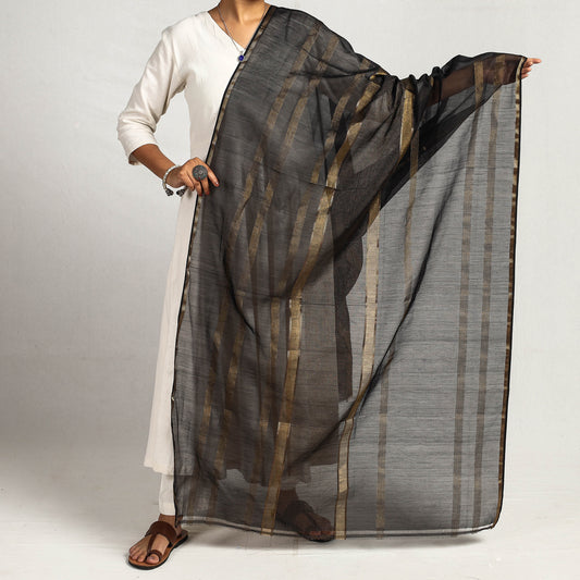 Black - Traditional Maheshwari Silk Cotton Handloom Zari Work Dupatta