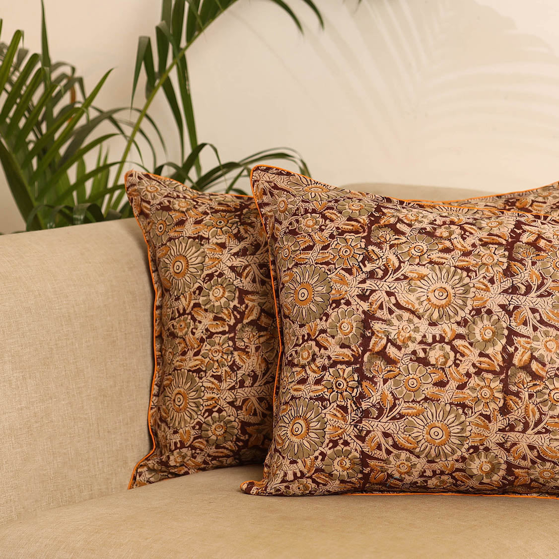 Maroon - Set of 2 Kalamkari Hand Block Print Pillow Covers 30