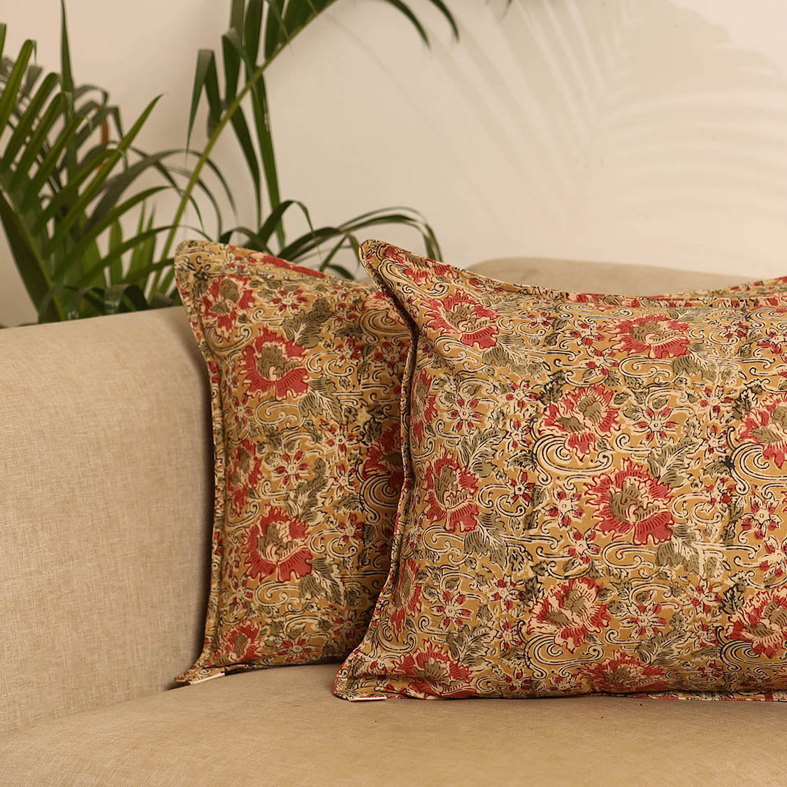 Yellow - Set of 2 Kalamkari Hand Block Print Pillow Covers 32