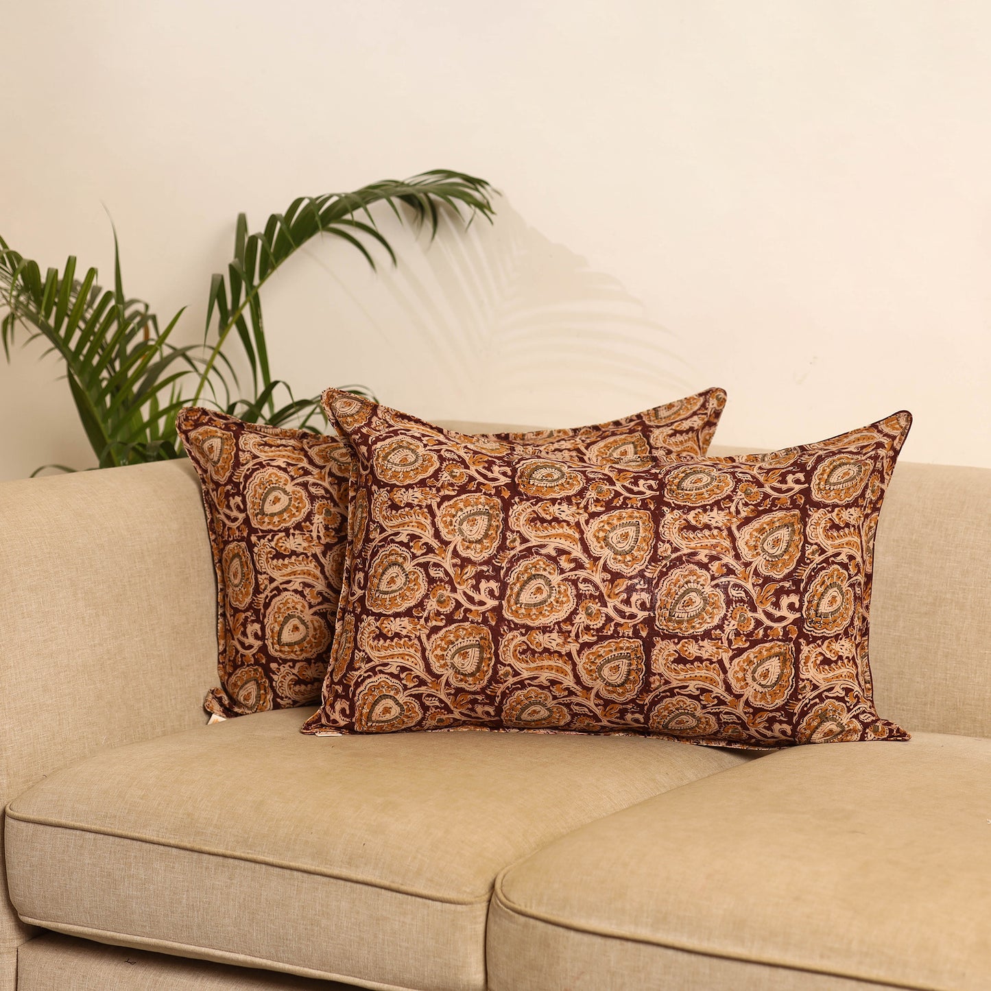 Maroon - Set of 2 Kalamkari Hand Block Print Pillow Covers 35