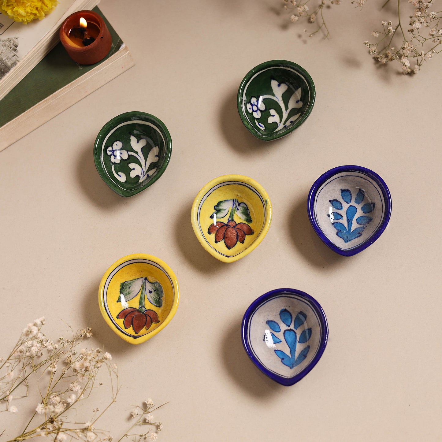 Multicolor - original blue pottery ceramic diyas (set of 6)