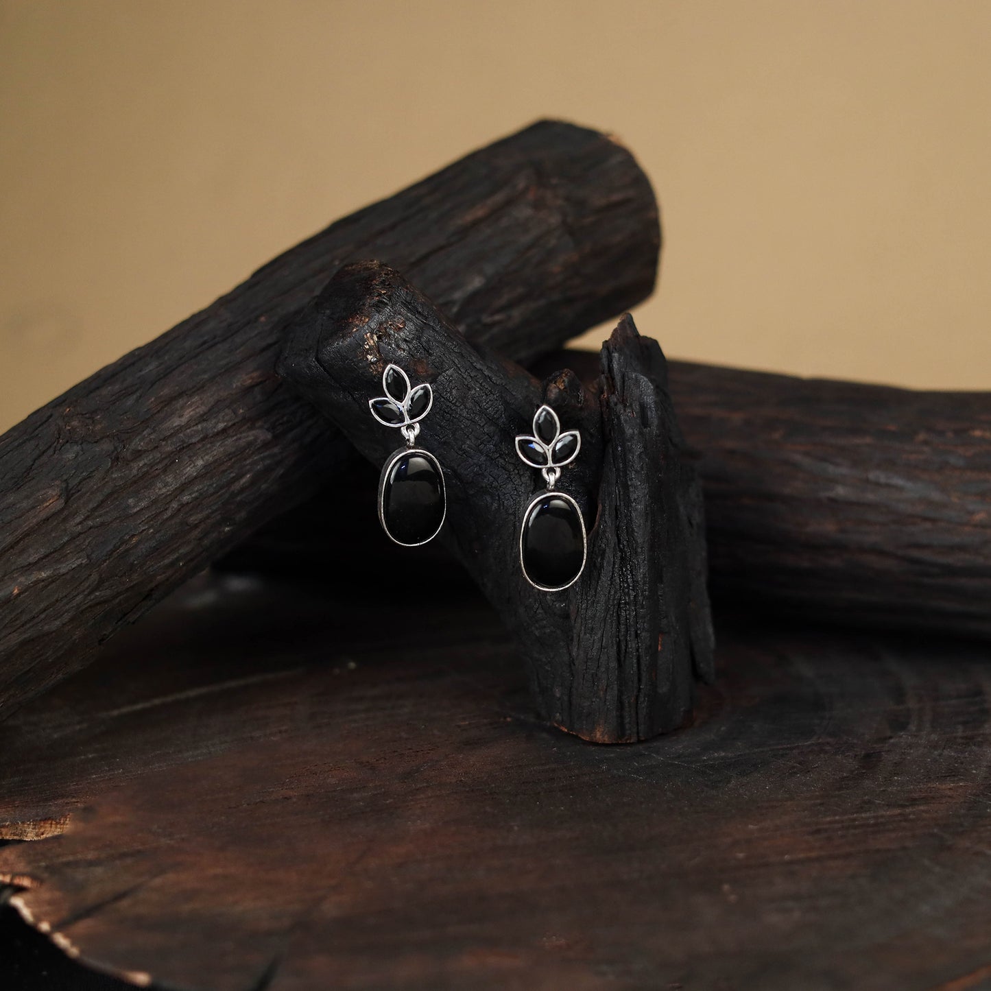 Black - antique silver finish oxidised stone work earrings