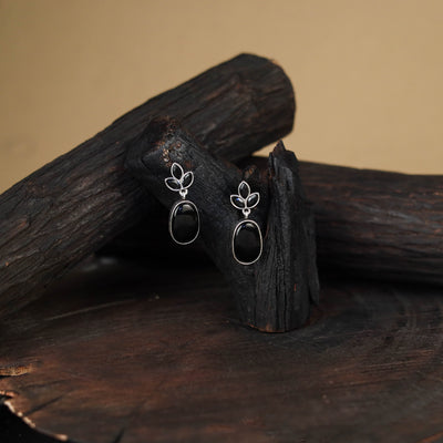 Black - antique silver finish oxidised stone work earrings