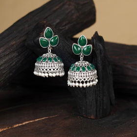 Green - antique silver finish oxidised stone work jhumka