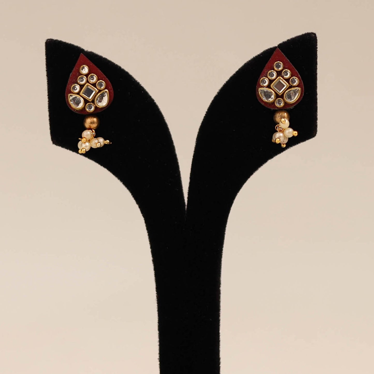 Red - handmade kundan work earrings 85 - handcrafted