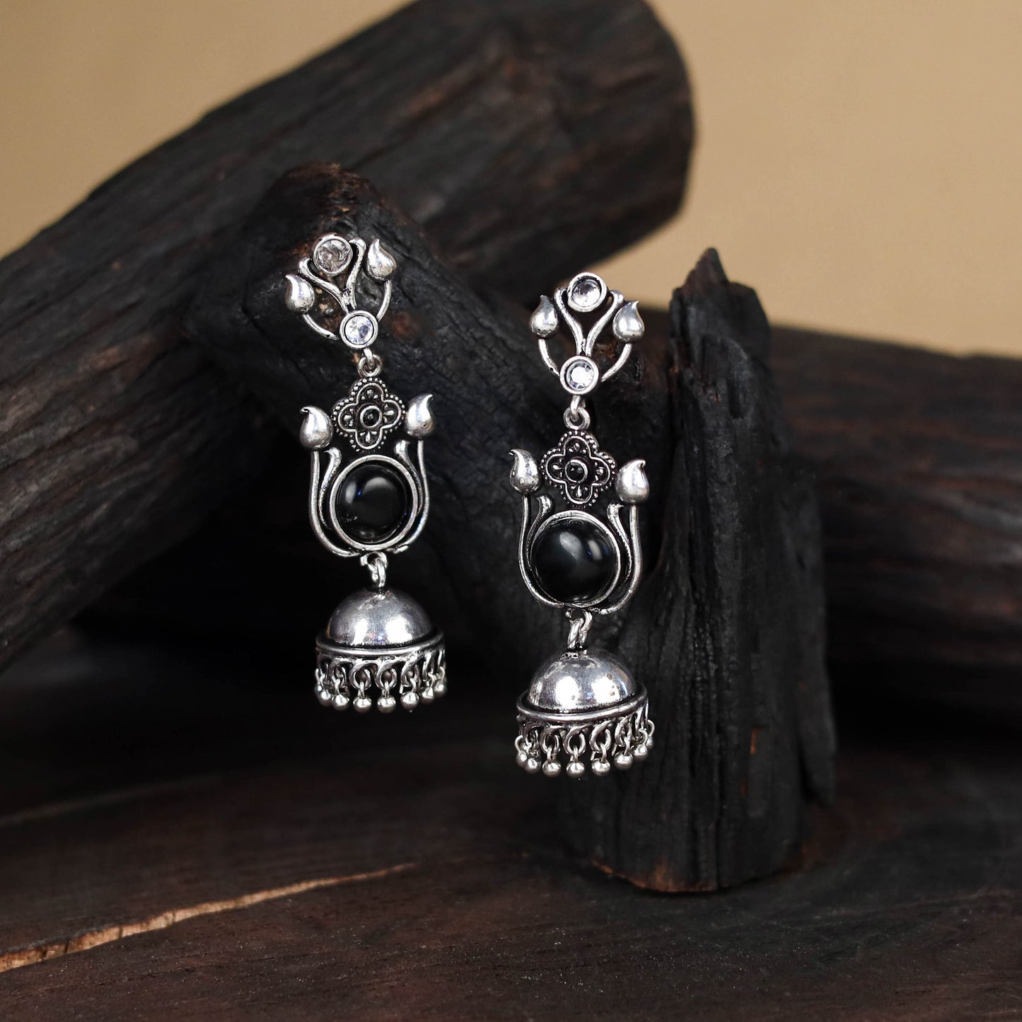 Black - antique silver finish oxidised stone work jhumka