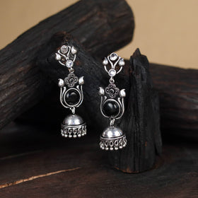 Black - antique silver finish oxidised stone work jhumka