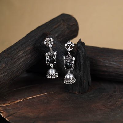 Black - antique silver finish oxidised stone work jhumka