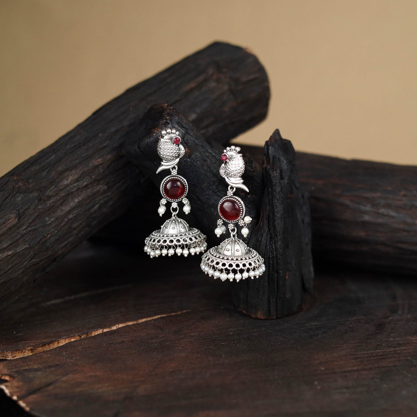 Maroon - antique silver finish oxidised stone work jhumka