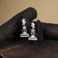 Pink - antique silver finish oxidised stone work jhumka