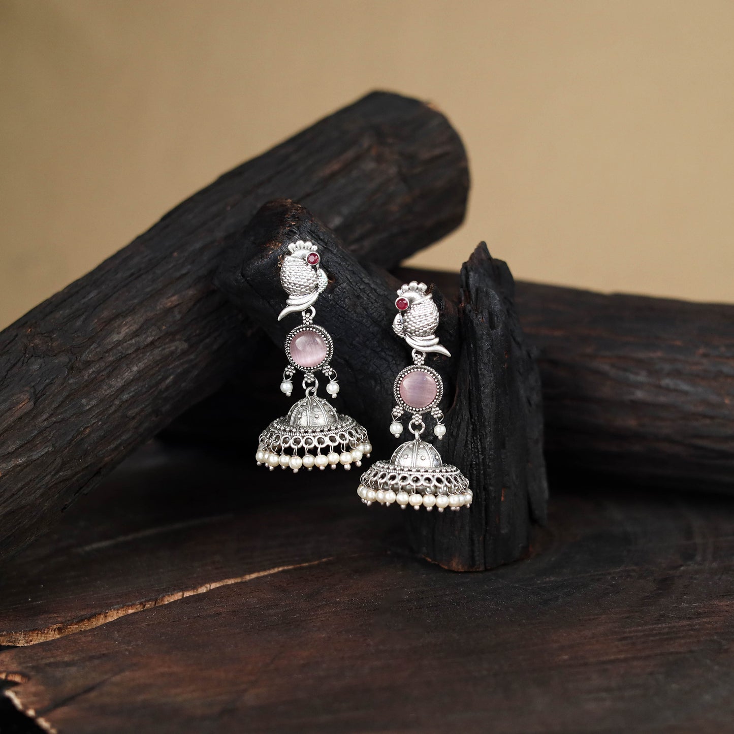 Pink - antique silver finish oxidised stone work jhumka