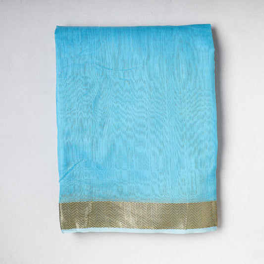 Blue - Traditional Maheshwari Silk Handloom Fabric with Zari Border