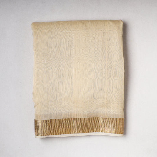 Beige - Traditional Maheshwari Silk Handloom Fabric with Zari Border