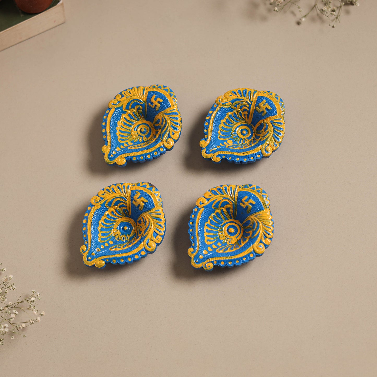 Decorative handpainted clay diya (set of 4) 12 - handcrafted