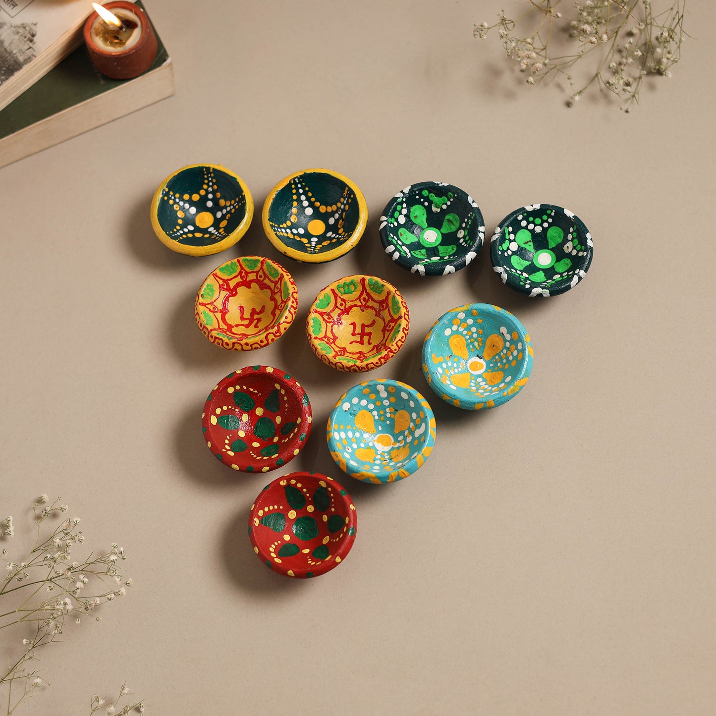 Decorative handpainted clay diya (set of 10) 01