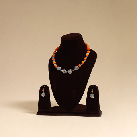 Orange - german silver wooden beads necklace set 12