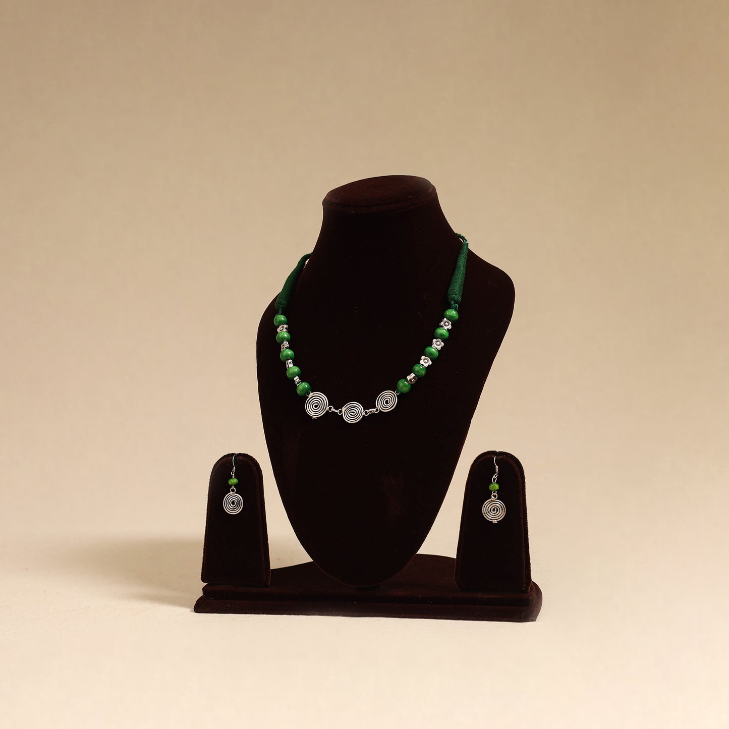 Green - german silver wooden beads necklace set 14