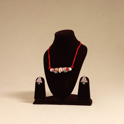 Red - handmade fabart shell necklace set 20 - handcrafted