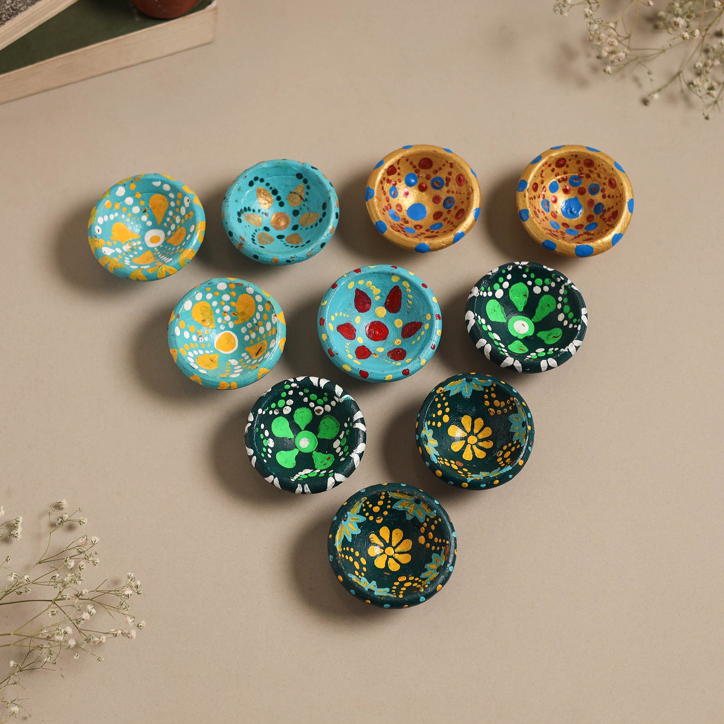 Decorative handpainted clay diya (set of 10) 06