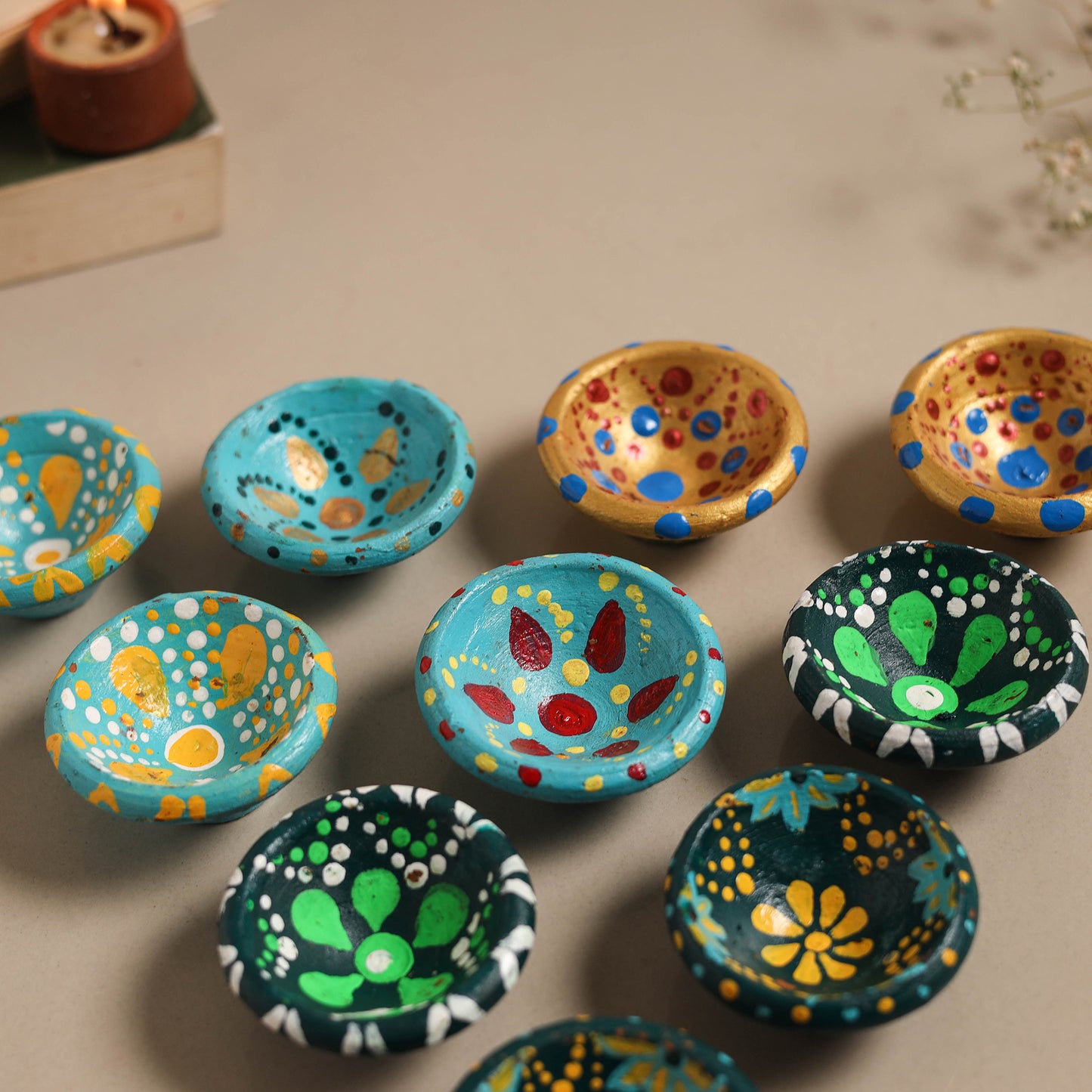 Decorative handpainted clay diya (set of 10) 06