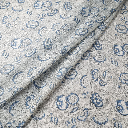 Grey - Blue Floral Sanganeri Block Printed Chanderi Silk Fabric