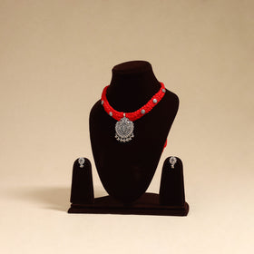 Red - german silver thread braided necklace set 34