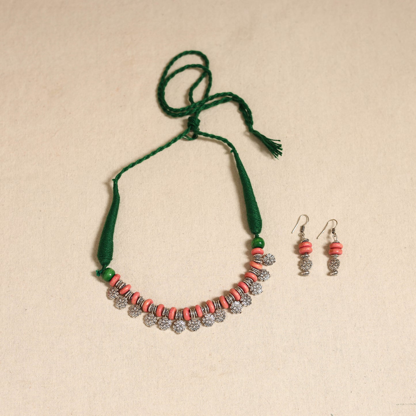 Orange - german silver wooden beads necklace set 01