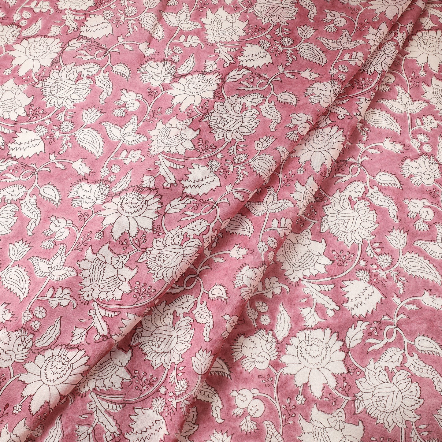 Pink - White Dahlia Flower Pattern Sanganeri Block Printed Chanderi Silk Fabric