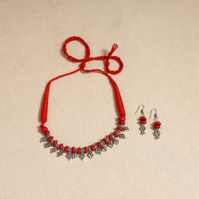 Red - german silver wooden beads necklace set 02