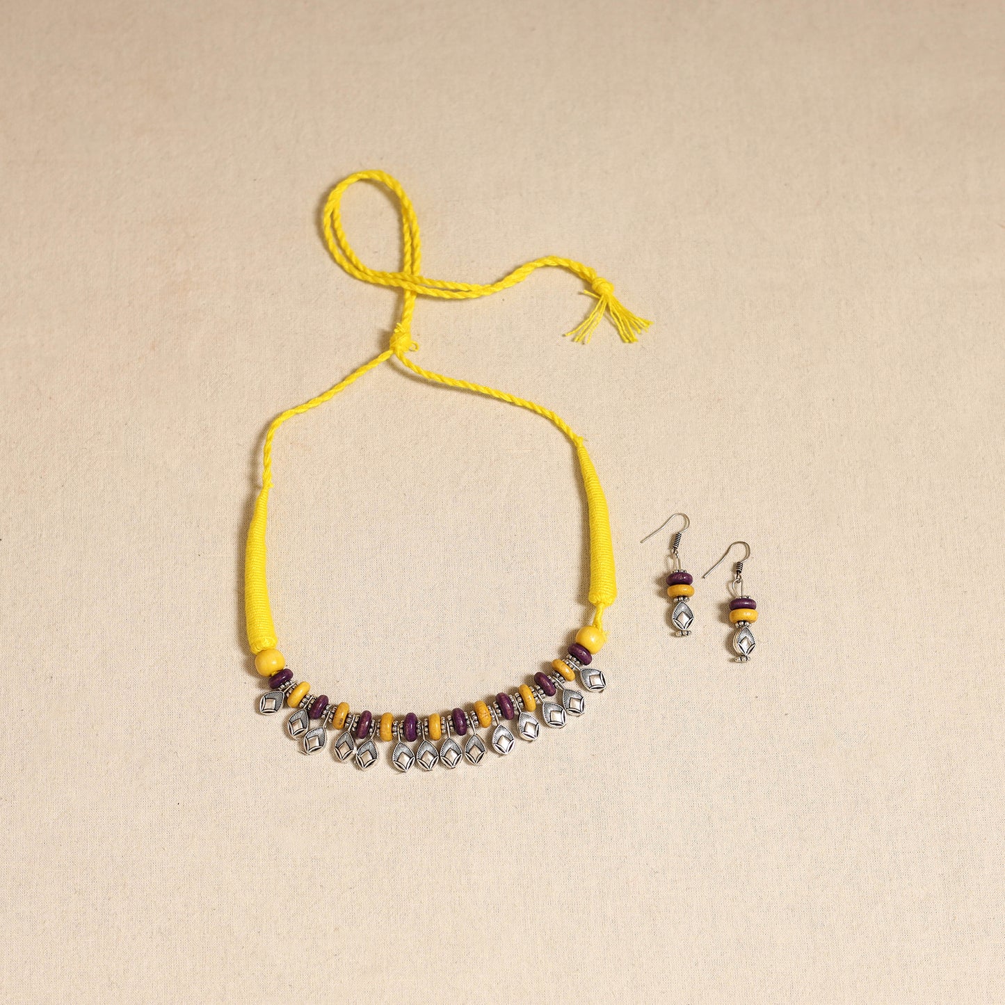 Yellow - german silver wooden beads necklace set 05