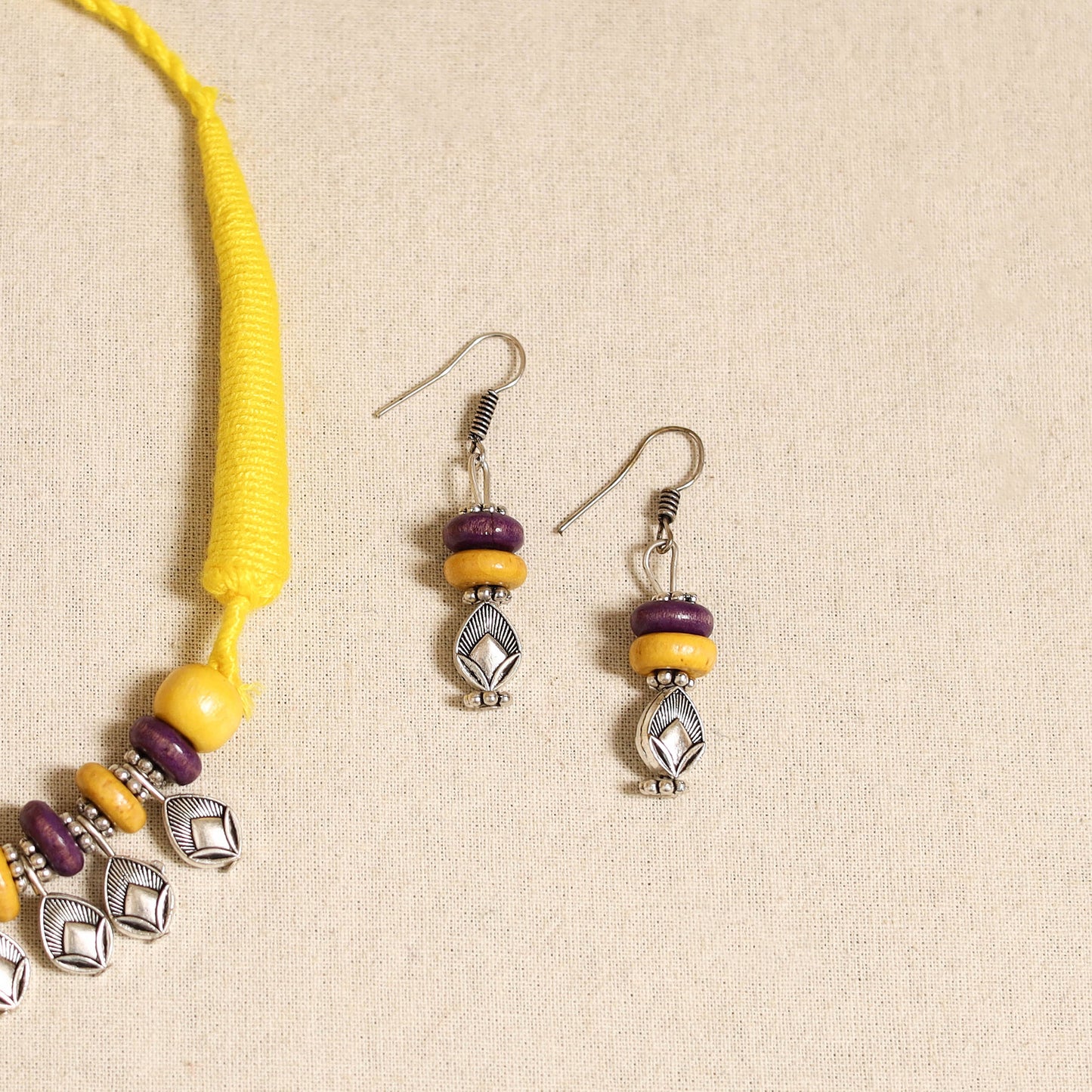 Yellow - german silver wooden beads necklace set 05