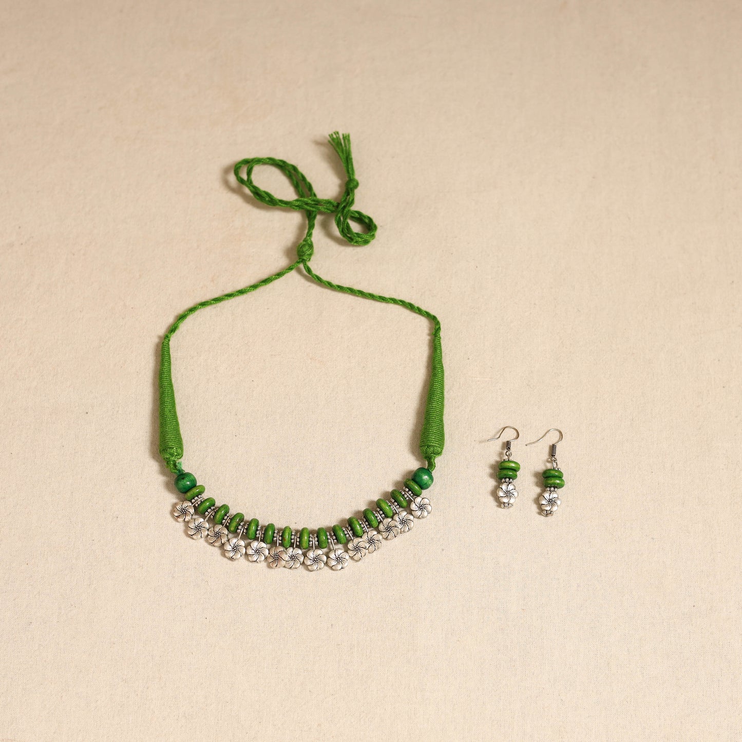 Green - german silver wooden beads necklace set 06