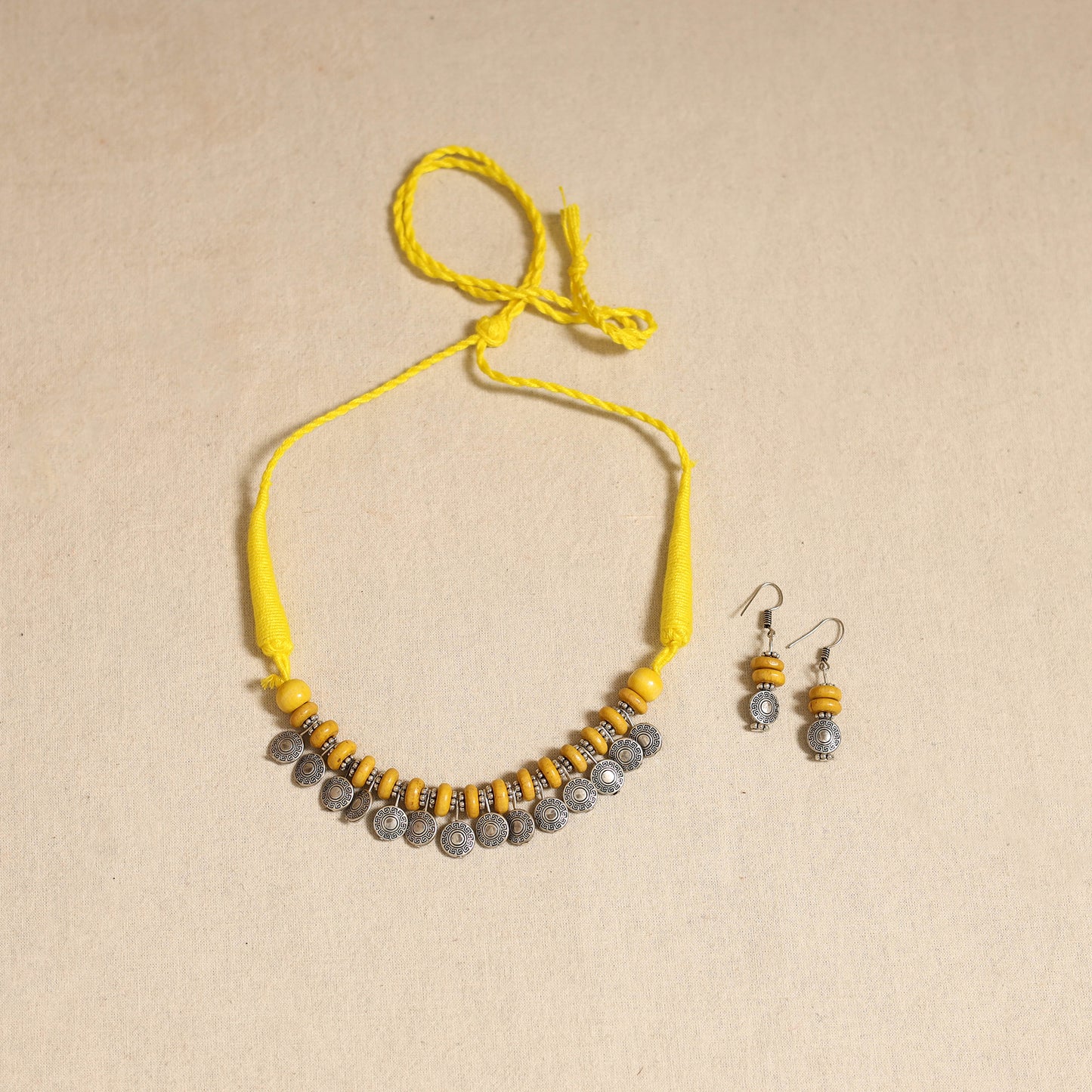 Yellow - german silver wooden beads necklace set 07